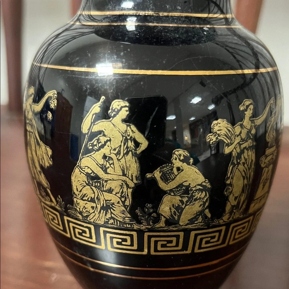 Antique Black and Gold Vase with Greek Motif